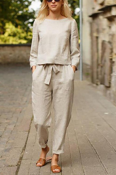 Linen O Neck Long Sleeve Pants Set