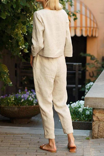 Linen O Neck Long Sleeve Pants Set