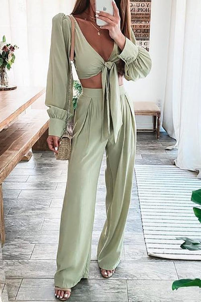 Knot Crop Top Wide Leg Pants Set - girlyrose.com