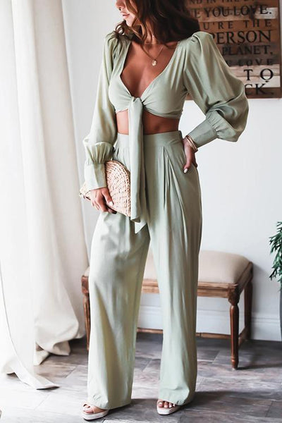 Knot Crop Top Wide Leg Pants Set - girlyrose.com