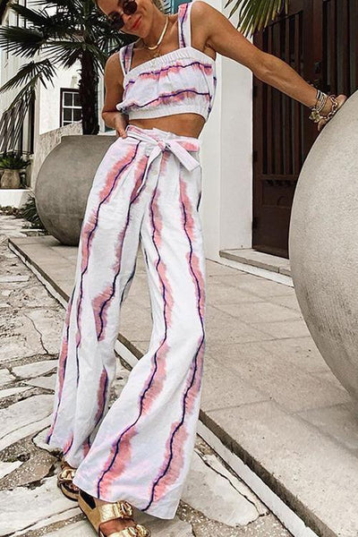 Colorful Stripe Tie Waist Crop Pants Set - girlyrose.com