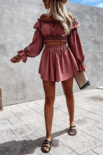 Off Shoulder Puff Sleeve Crop Shorts Set - girlyrose.com