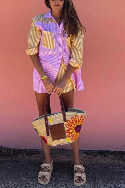 Patchwork Stripe Shirt Shorts Set - girlyrose.com