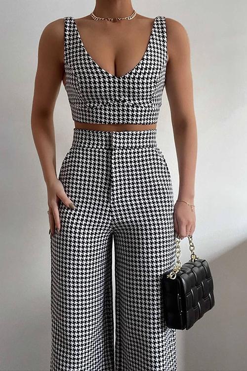 Houndstooth Print Sling Cropped Top With Pants - girlyrose.com