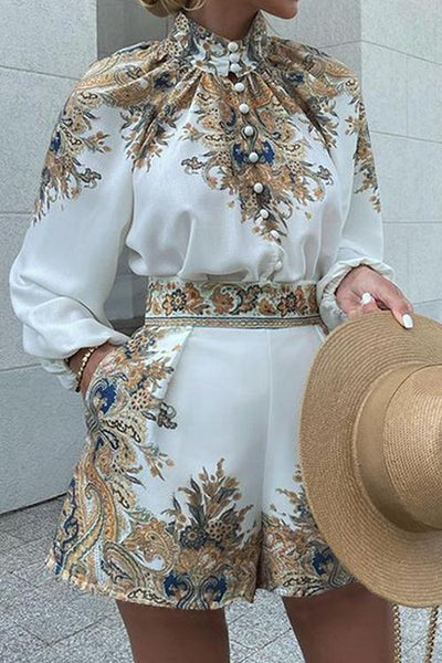 Floral Print Button Long Sleeve Blouse Shorts Set - girlyrose.com