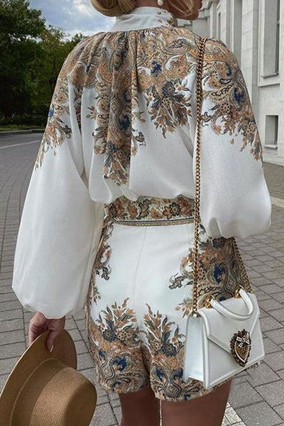 Floral Print Button Long Sleeve Blouse Shorts Set - girlyrose.com
