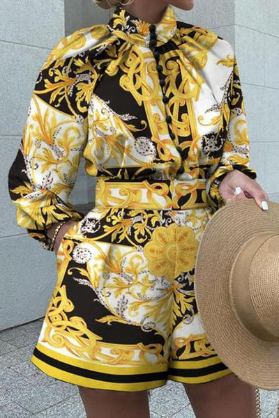 Floral Print Button Long Sleeve Blouse Shorts Set - girlyrose.com