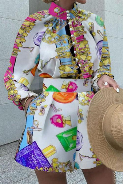 Floral Print Button Long Sleeve Blouse Shorts Set - girlyrose.com