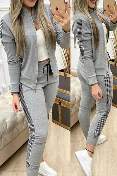 Contrast Plaid Jacket & Drawstring Pants Set - girlyrose.com