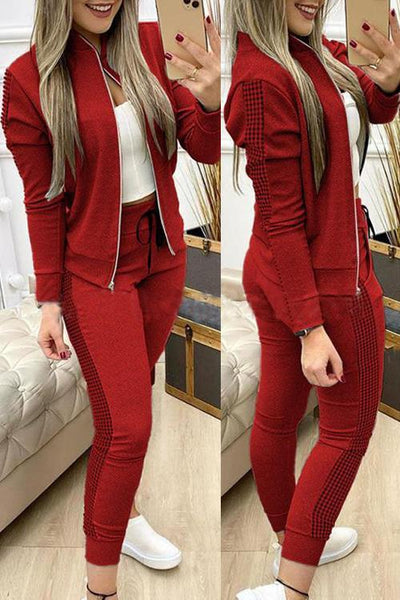 Contrast Plaid Jacket & Drawstring Pants Set - girlyrose.com