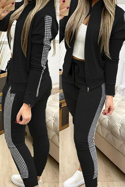 Contrast Plaid Jacket & Drawstring Pants Set - girlyrose.com