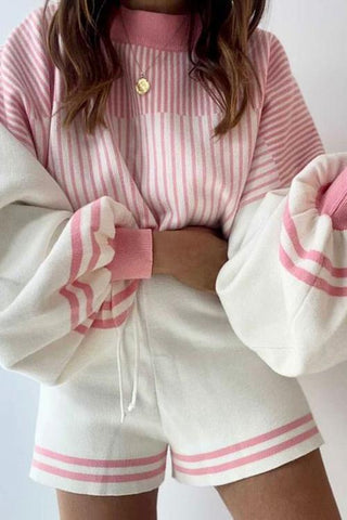 Gradient Stripe Puff Sleeve Sweater Shorts Set - girlyrose.com