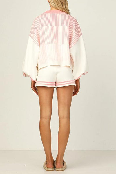 Gradient Stripe Puff Sleeve Sweater Shorts Set - girlyrose.com