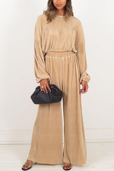 Pleated Crop Blouse Wide Leg Pants Set