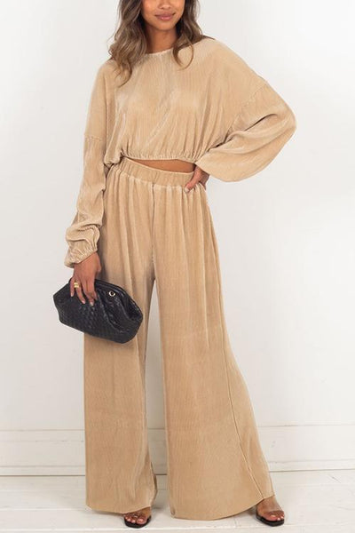 Pleated Crop Blouse Wide Leg Pants Set