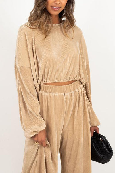 Pleated Crop Blouse Wide Leg Pants Set