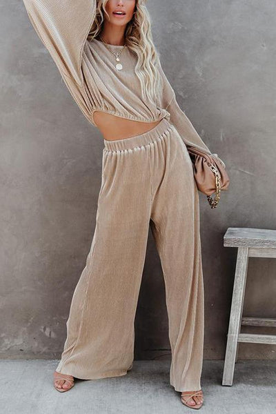 Pleated Crop Blouse Wide Leg Pants Set