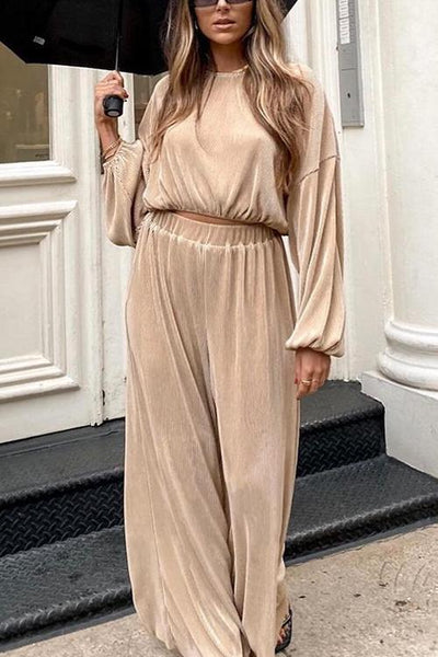 Pleated Crop Blouse Wide Leg Pants Set