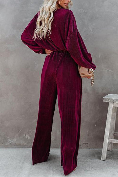 Pleated Crop Blouse Wide Leg Pants Set