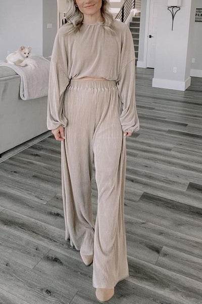 Pleated Crop Blouse Wide Leg Pants Set