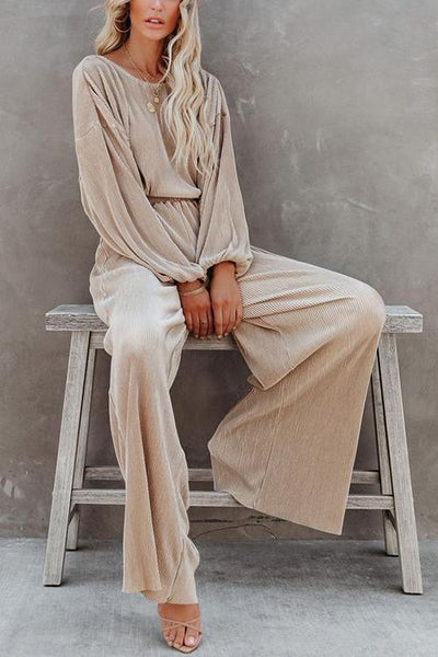 Pleated Crop Blouse Wide Leg Pants Set