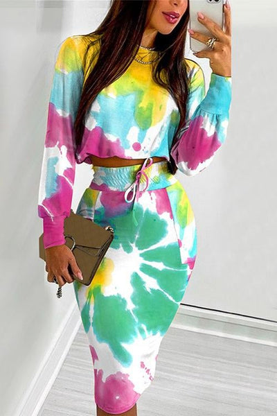 Geometric Long Sleeve Top Drawstring Bodycon Skirt Set