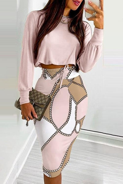 Geometric Long Sleeve Top Drawstring Bodycon Skirt Set