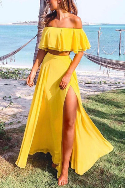 Off Shoulder Crop Slit Maxi Skirts Set