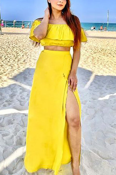 Off Shoulder Crop Slit Maxi Skirts Set