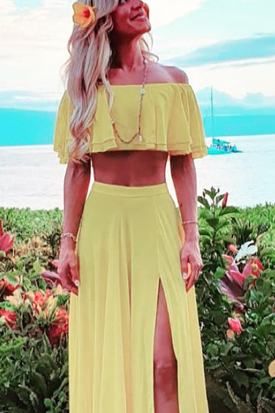 Off Shoulder Crop Slit Maxi Skirts Set