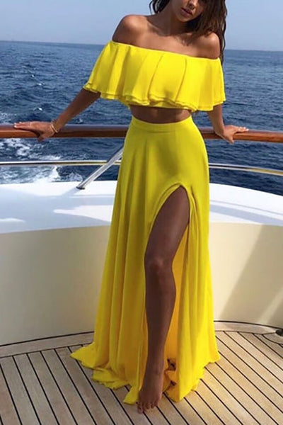 Off Shoulder Crop Slit Maxi Skirts Set