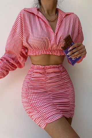 Plaid Lantern Sleeve Crop Top Ruched Skirt Set