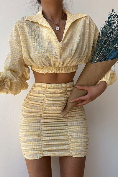 Plaid Lantern Sleeve Crop Top Ruched Skirt Set