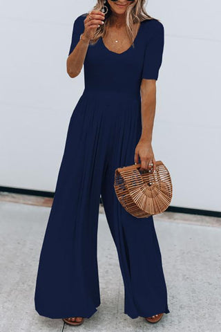 U Neck Short Sleeve Loose Jumpsuit - girlyrose.com