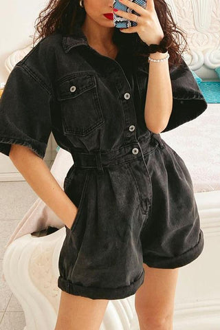 Pockets Denim Short Sleeve Romper - girlyrose.com