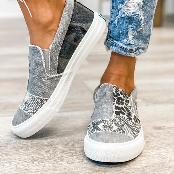 Lydiashoes Pieced Raw Edge Animal Print Canvas Slip-On Flats