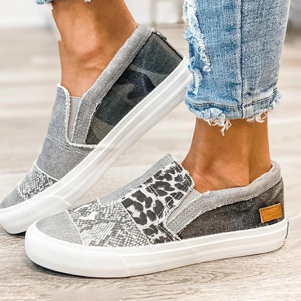 Lydiashoes Pieced Raw Edge Animal Print Canvas Slip-On Flats