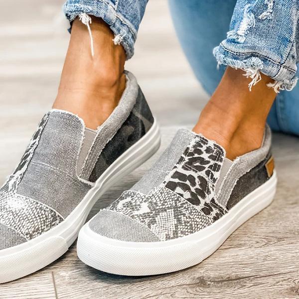 Lydiashoes Pieced Raw Edge Animal Print Canvas Slip-On Flats