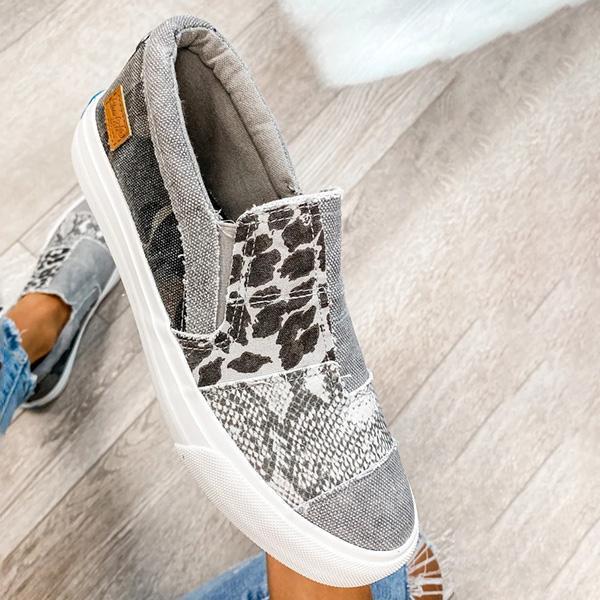 Lydiashoes Pieced Raw Edge Animal Print Canvas Slip-On Flats