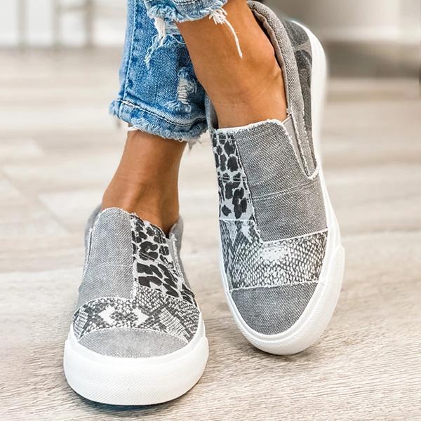 Lydiashoes Pieced Raw Edge Animal Print Canvas Slip-On Flats