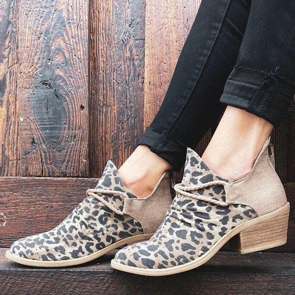 Lydiashoes Leopard Chunky Heel Canvas Boots