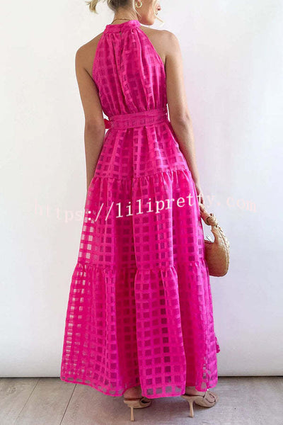 Elena Tulle Square Patterned Fabric Belted Halter Maxi Dress