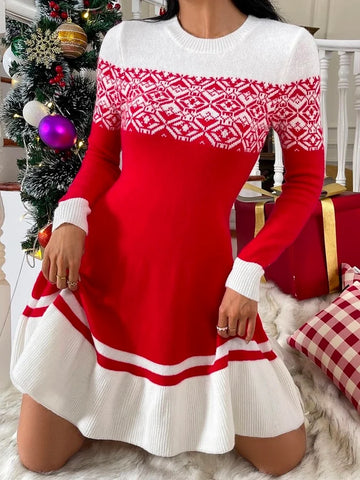 Christmas Empire Floral Printed Contrast Color Sweater Mini Dresses