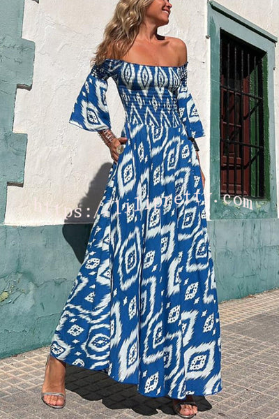 Close To The Vacation Ethnic Print Smocked Off Shoulder Pocketed Maxi Dress