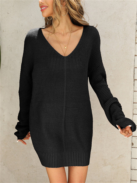 V-neck Solid Color Temperament Commuting Medium Long Knitting Sweater-Corachic