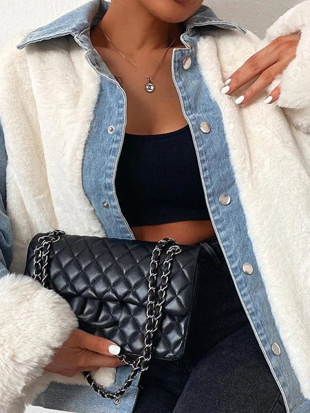 Fashion Contrast Color Buttoned Lambskin Warmth Jacket