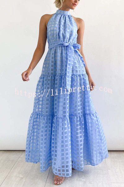 Elena Tulle Square Patterned Fabric Belted Halter Maxi Dress