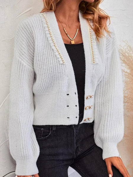 Leisure Buttoned Plunging Crochet Drop Shoulder Sweater Tops