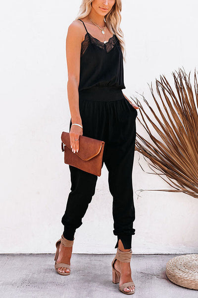 Lace V neck Pockets Jogger Jumpsuits