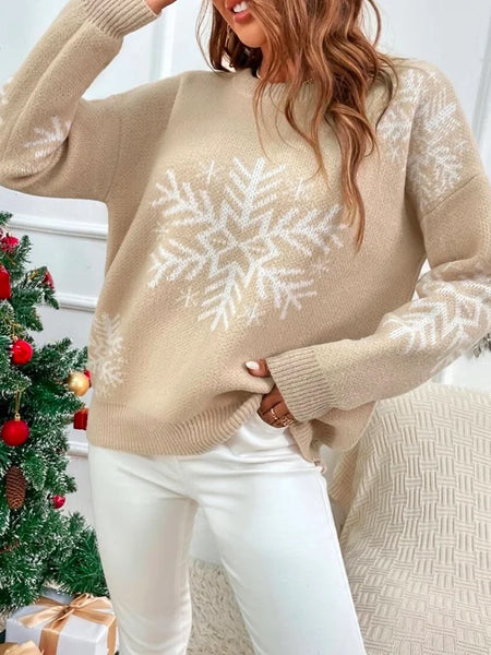 Festival Long Sleeves Snowflake Crochet Round-Neck Sweater Tops